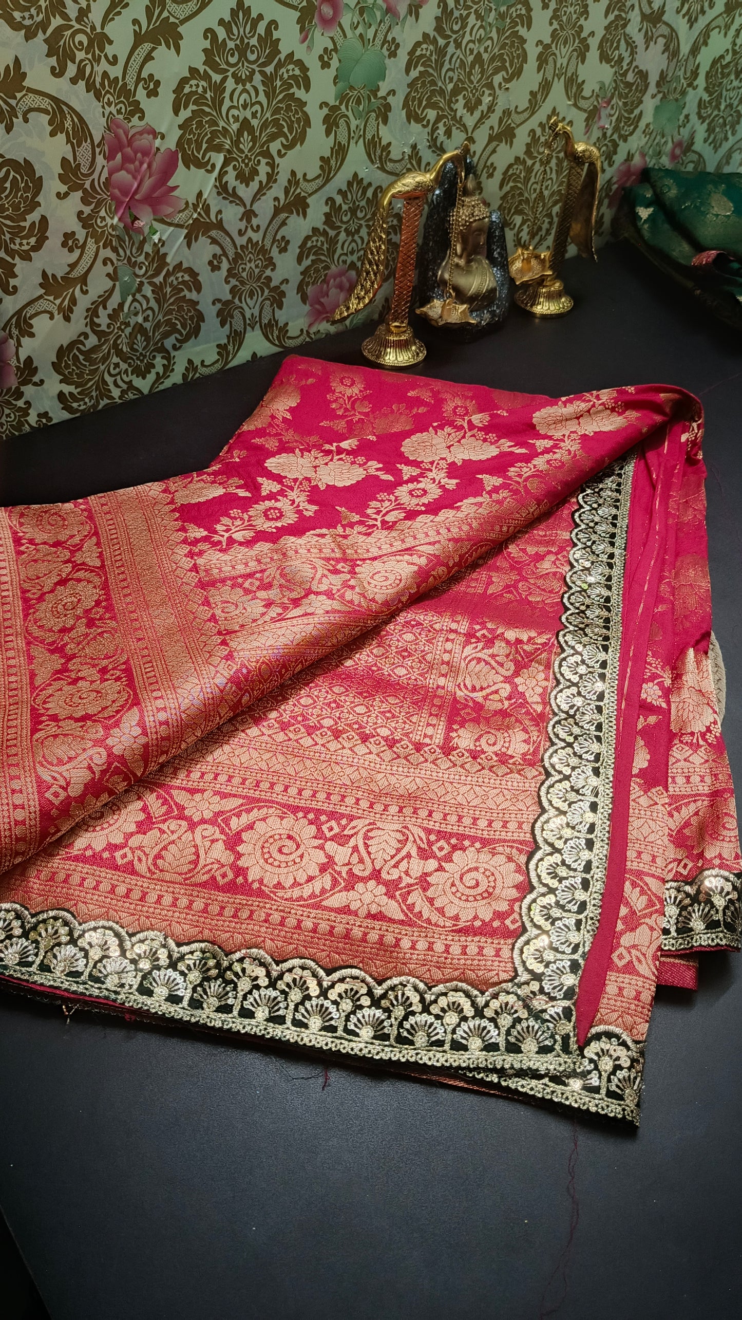 Reddish pink with green Royal banarasi vegan kaddi georgette saree JA25330