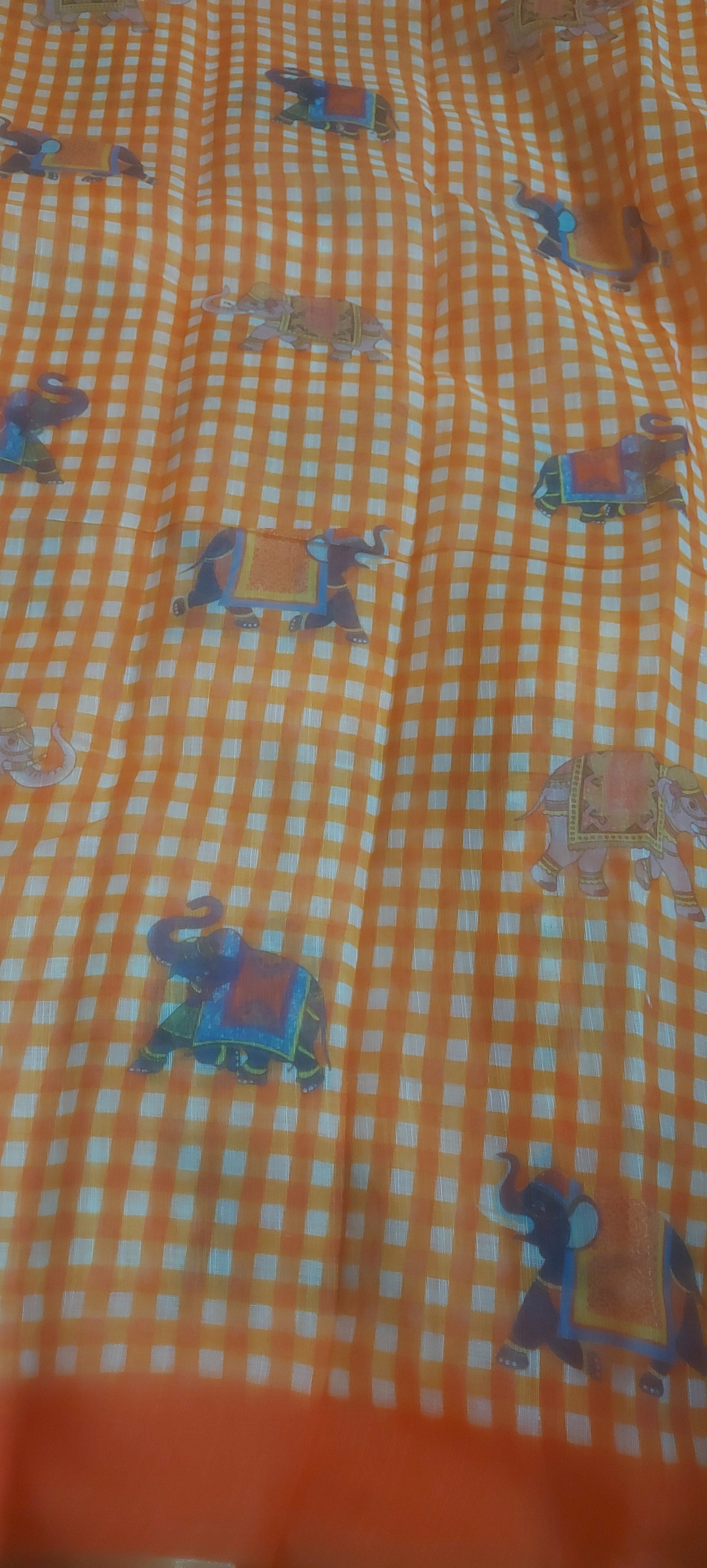 Orange Gingnam checks elephant vegan linen saree JA26012