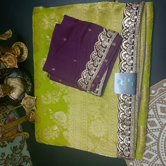 Lime green with violet Royal banarasi vegan kaddi georgette saree JA25331