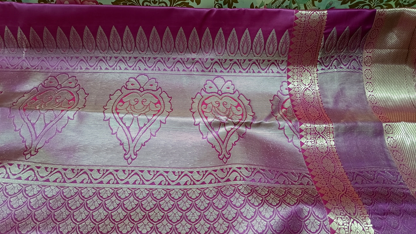 Yellow with majenta Parijatham Vegan premium kanchi brocade silk saree LA25932