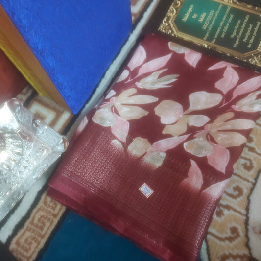 Maroon Vegan dola floral Weaving border saree JA26107