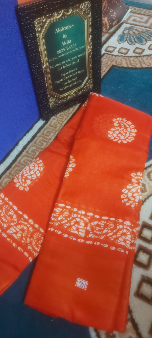 Orange Mango Batik linen zari border saree JA26029