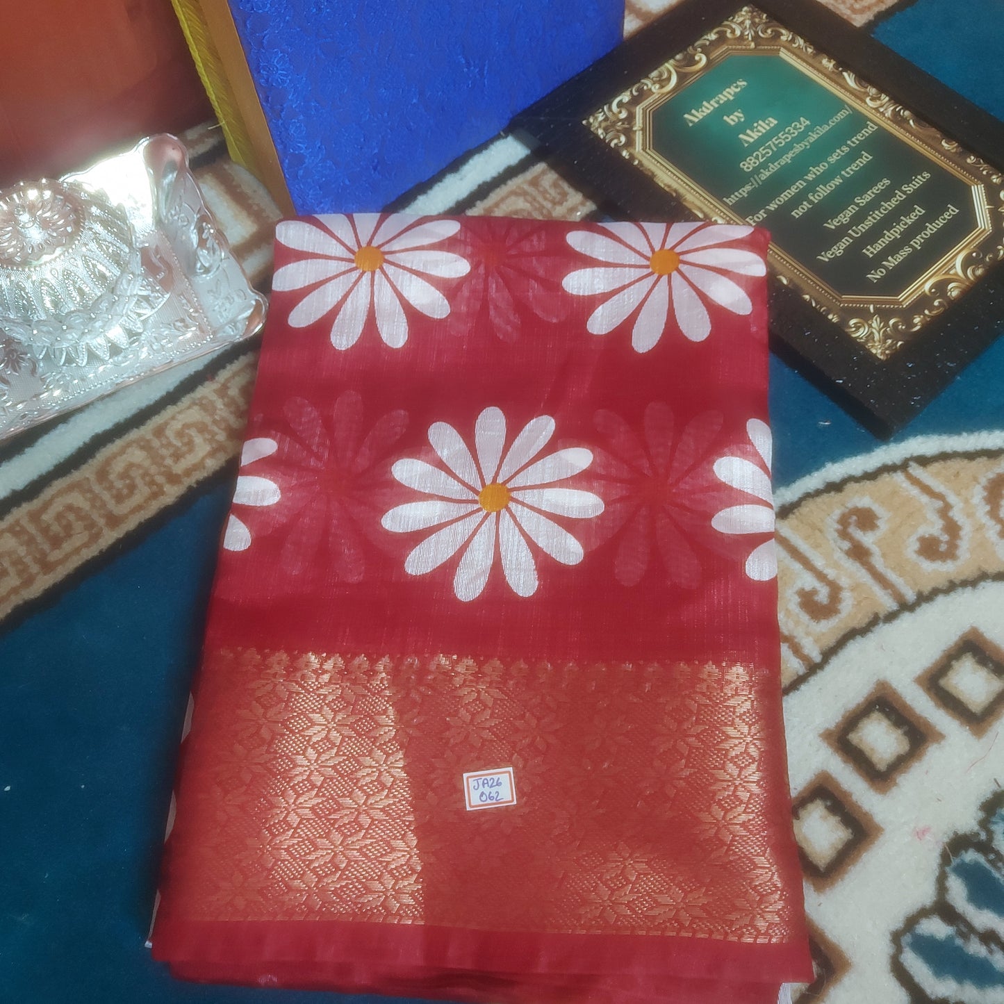 Red vegan linen sunflower weaving border saree JA26062