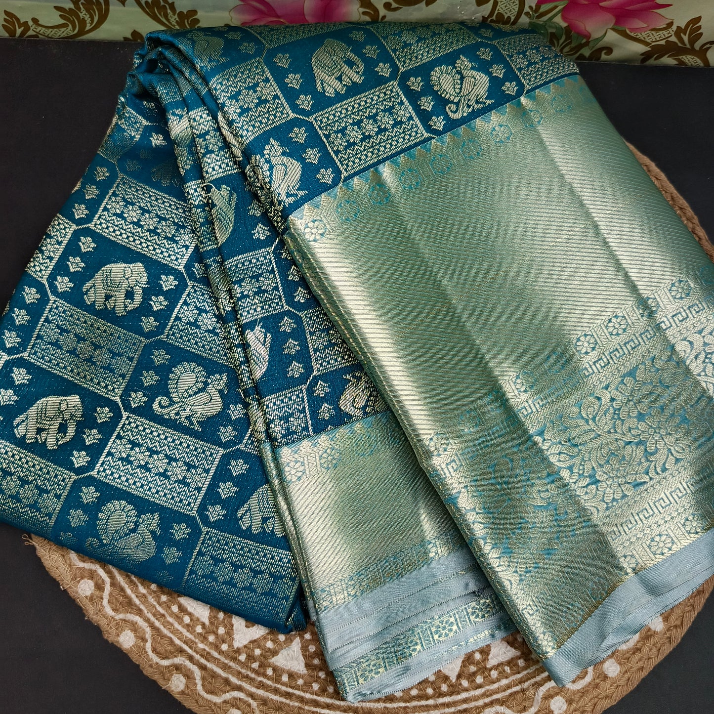 Peacock blue Parijatham Vegan premium kanchi brocade silk saree LA25920