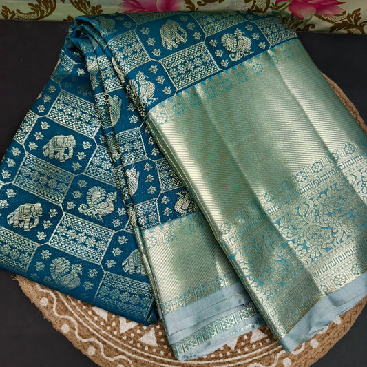 Peacock blue Parijatham Vegan premium kanchi brocade silk saree LA25920