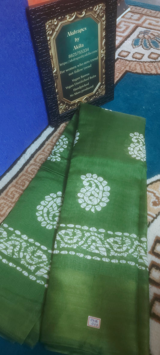 Fern Green Mango Batik linen zari border saree JA26028