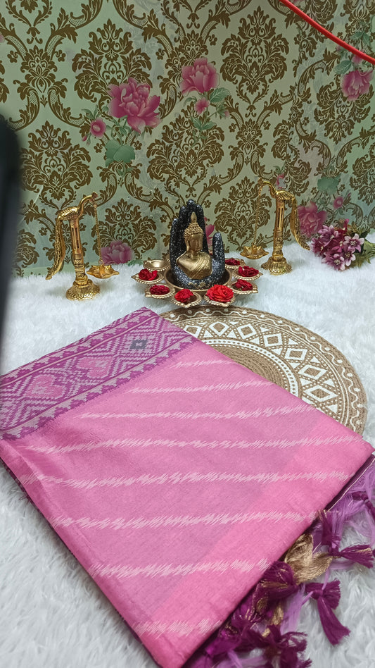 Pink with Purple Leheriya Handweave Ikkat Vegan silk Cotton Saree HA25432