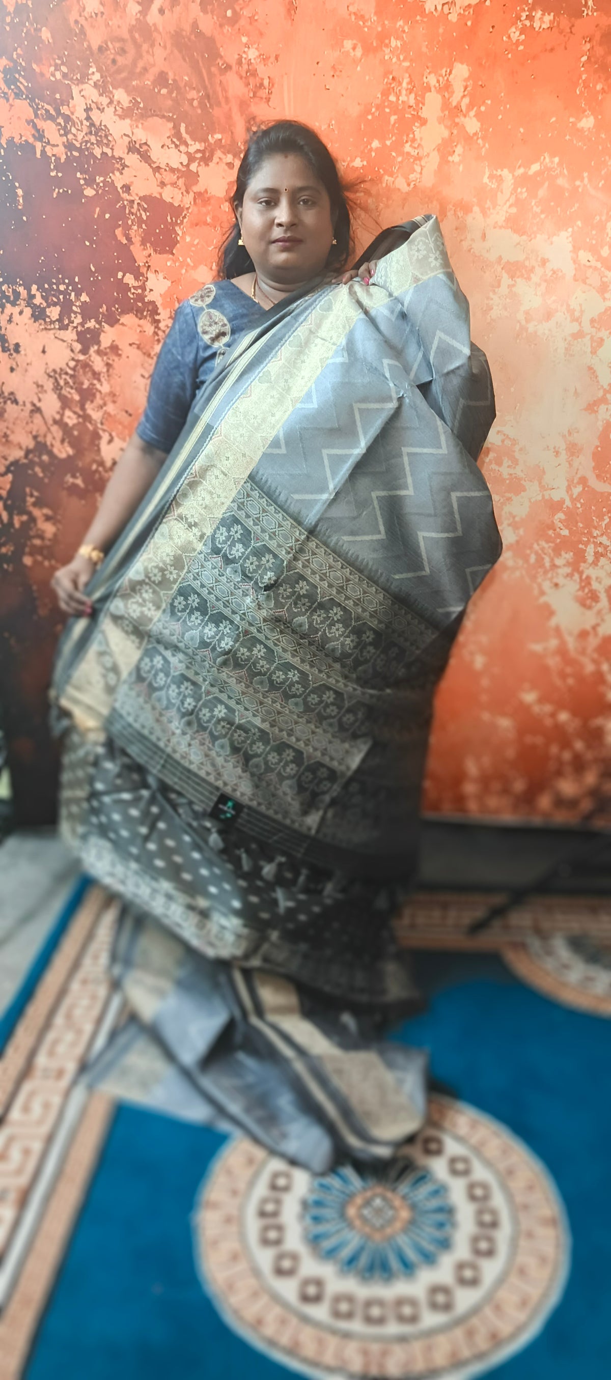 Grey with Black Zigzag Handweave Ikkat Vegan Silk Cotton Saree HA25430