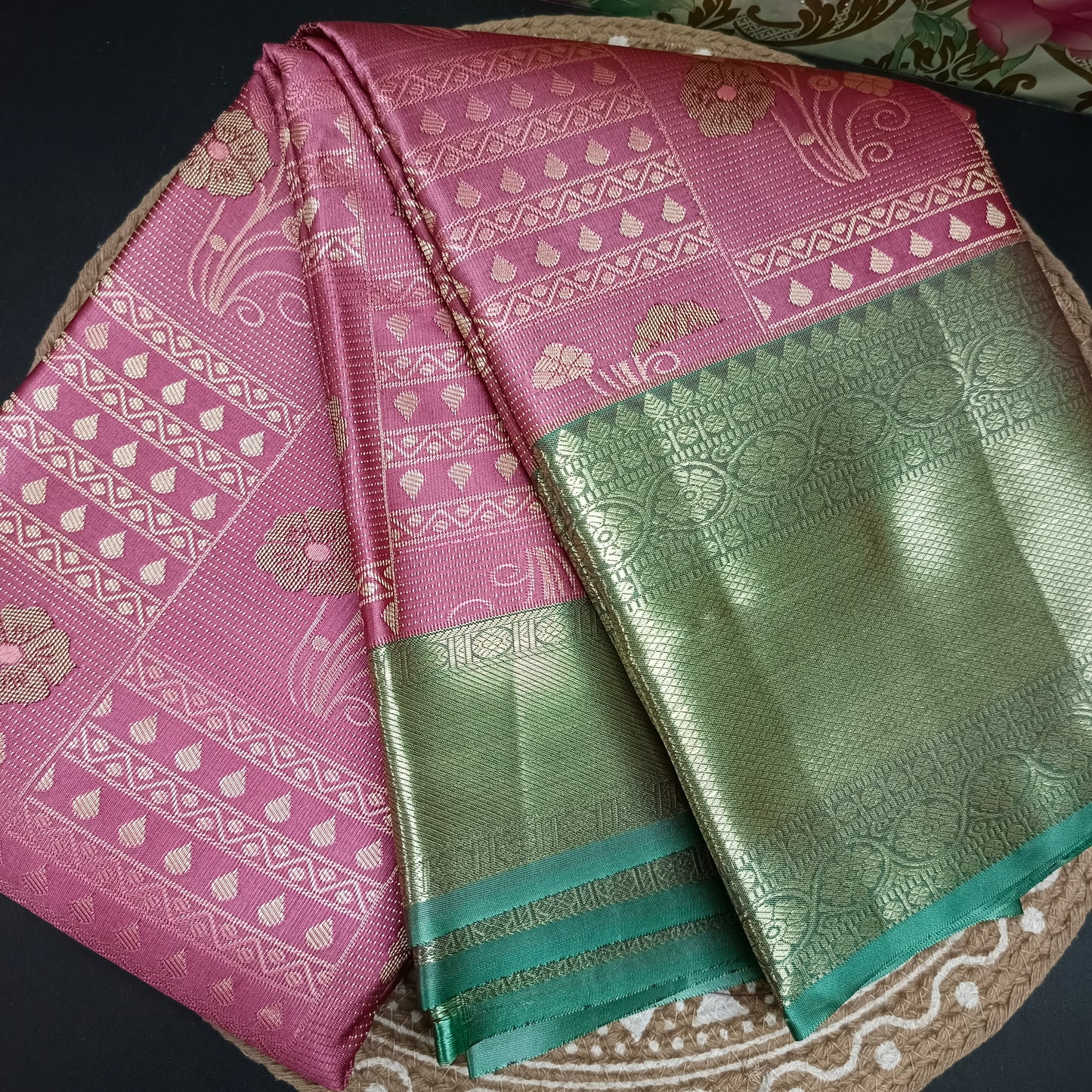 onion pink with pastel green Parijatham Vegan premium kanchi brocade silk saree LA25926
