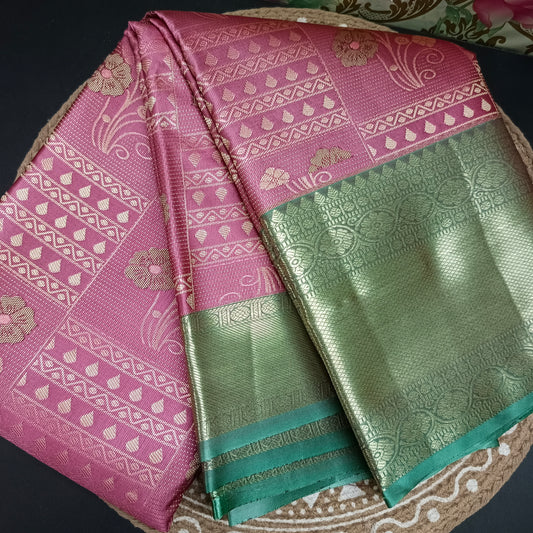 onion pink with pastel green Parijatham Vegan premium kanchi brocade silk saree LA25926