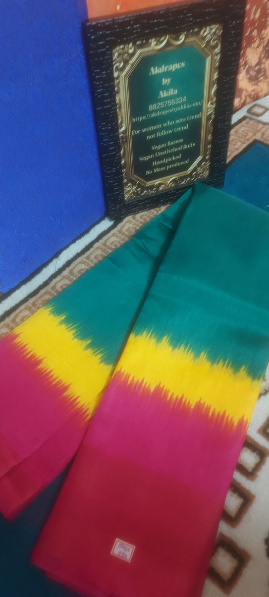 Green Tricolor vegan linen zari border saree JA26034
