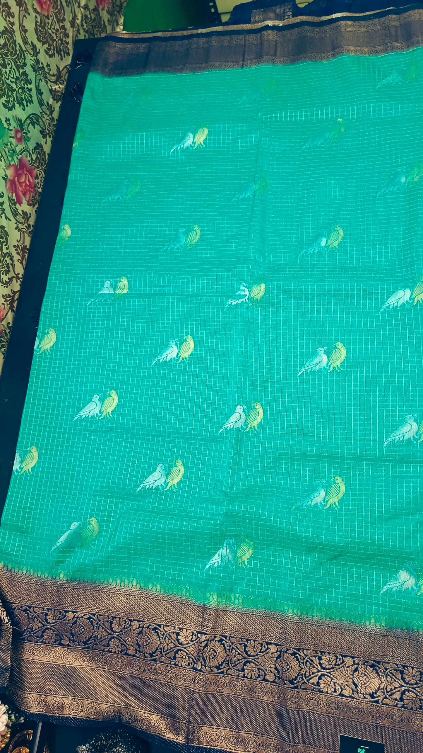 Sapphire green Green Midhuna Pakshi Premium Vegan Crepe silk Saree MA25219