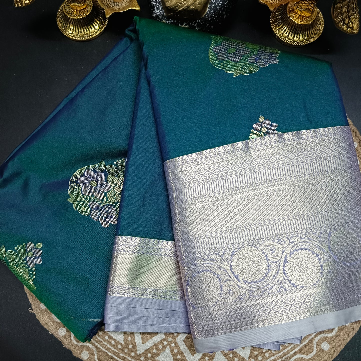 Peacock blue with pastel Varnajalam vegan premium kanchi silk saree LA25914