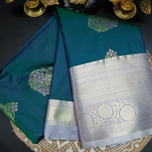 Peacock blue with pastel Varnajalam vegan premium kanchi silk saree LA25914