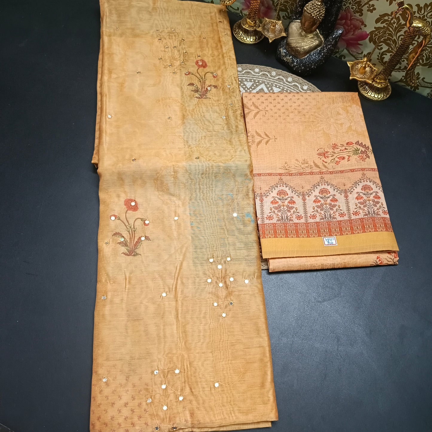 Orange Vegan chanderi pichwai unstitched suits HA25364