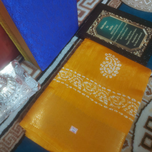 Yellow Vegan lenin Mango batik weaving border saree JA26048