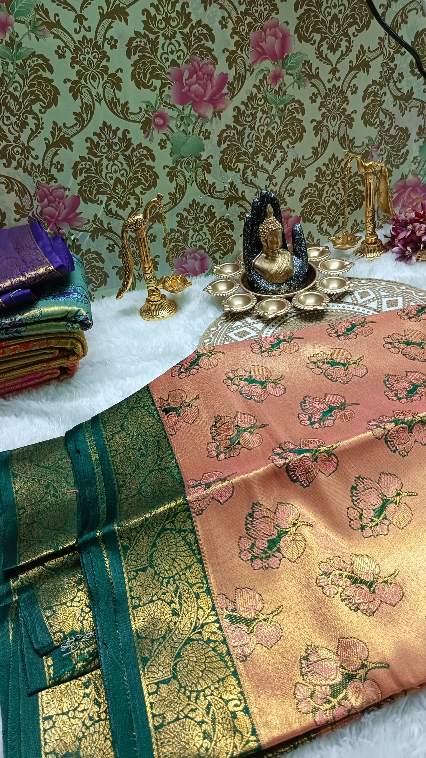 Peach with Green Mangala Pushpam Vegan Kanchi tissue saree JA25295