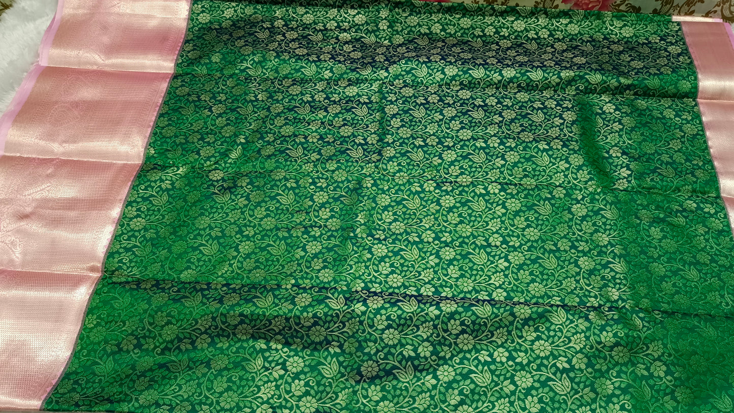 Green with Pastel Pink Aishwariyam Vegan Kanchi Brocade silk saree LA25947