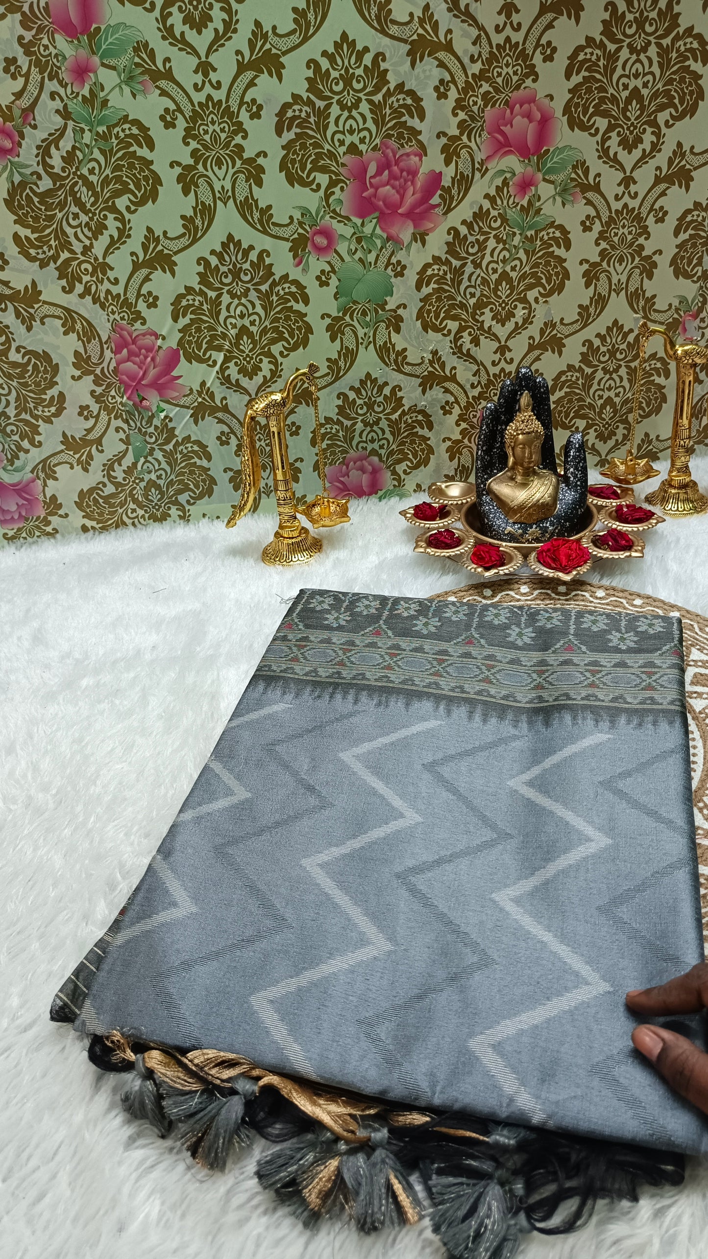 Grey with Black Zigzag Handweave Ikkat Vegan Silk Cotton Saree HA25430