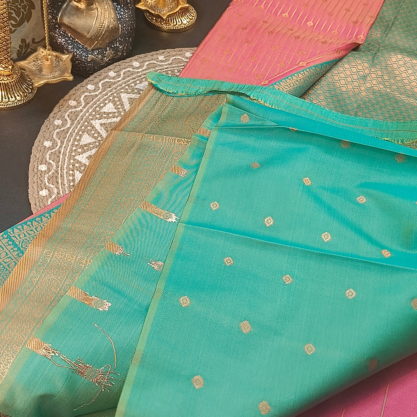 Onion Pink Seagreen Maragatha Muhurtham Vegan Kanchi Silk Saree MA25114