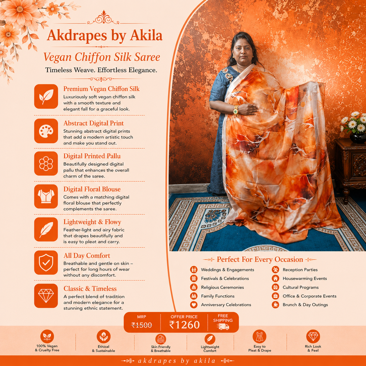 Orange Marble Vegan Chiffon silk saree SA25706