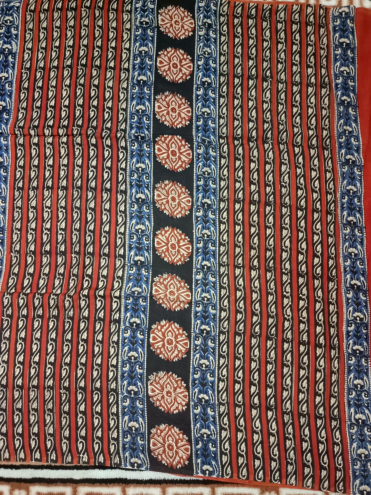 Red Black Vegan assam silk cotton bagru printed saree HA25534