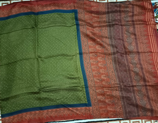 Green Fushion bandhini Ajrakh Malai cotton saree HA25413