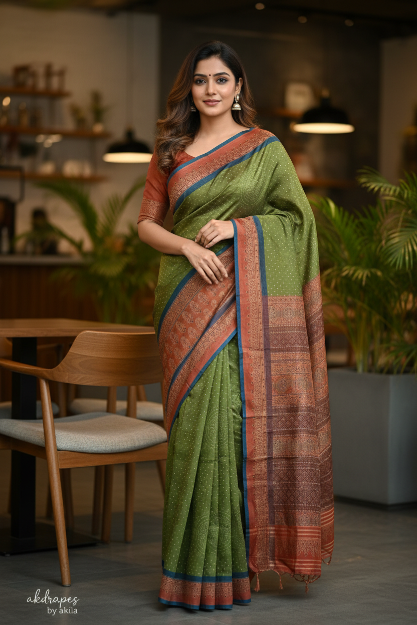 Green Fushion bandhini Ajrakh Malai cotton saree HA25413