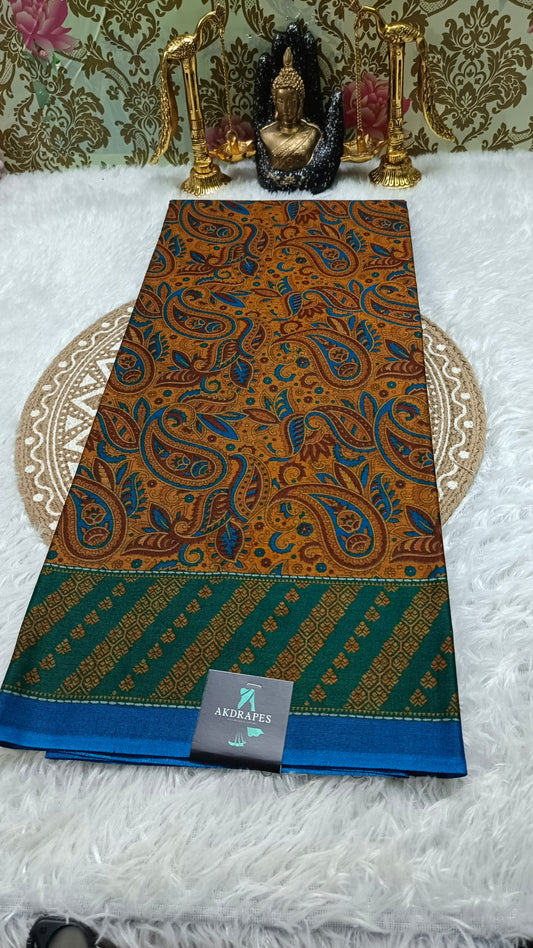 Yellow Paisley screen printed vegan muslin saree HA25544