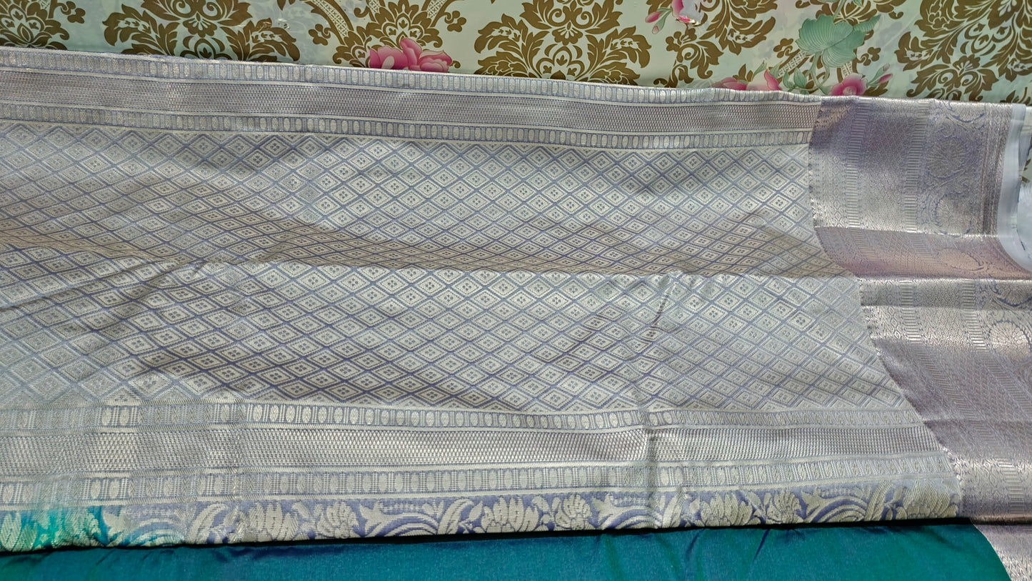 Peacock blue with pastel Varnajalam vegan premium kanchi silk saree LA25914