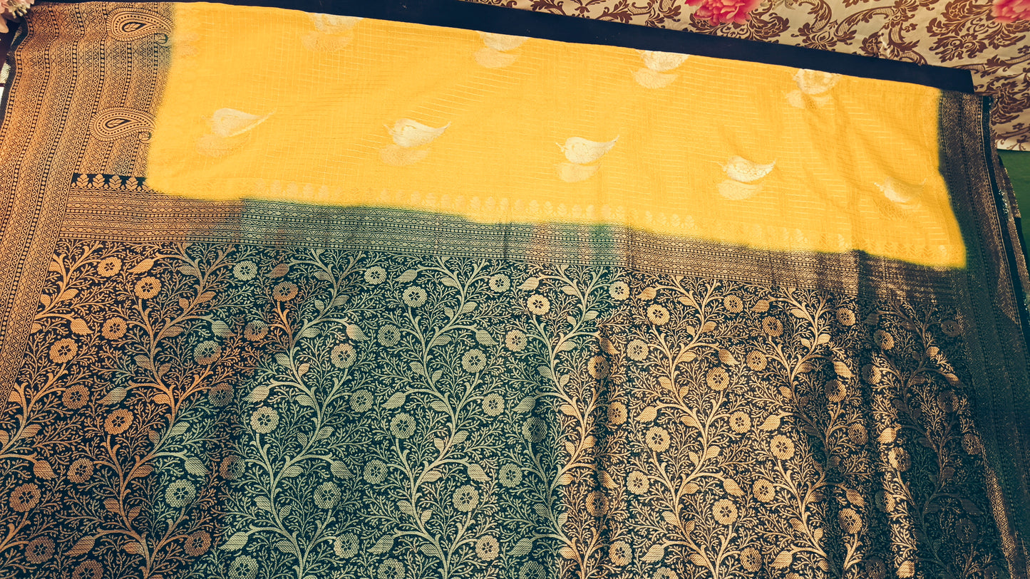 Lemon yellow Mango design Midhuna Pakshi Premium Vegan Crepe silk Saree MA25220