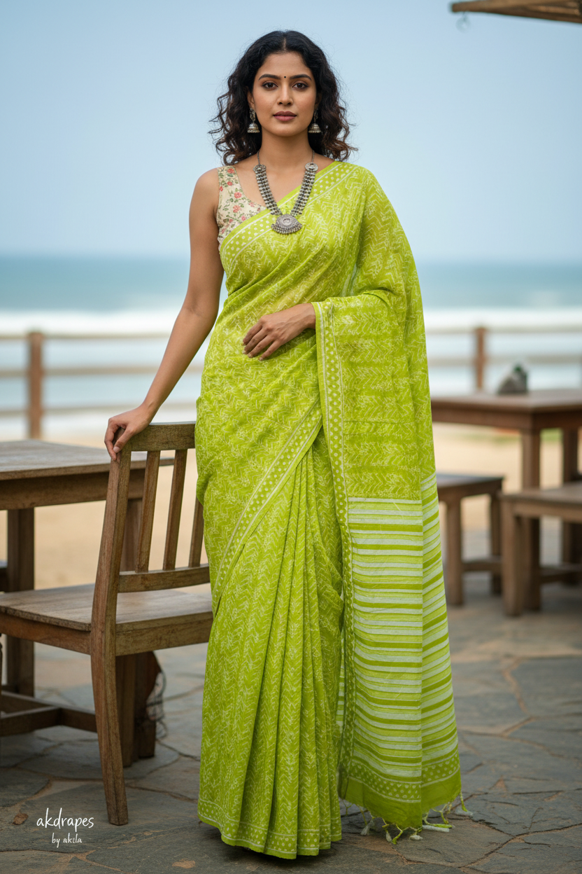 Green Vegan floral Jaipur cotton saree SA25749