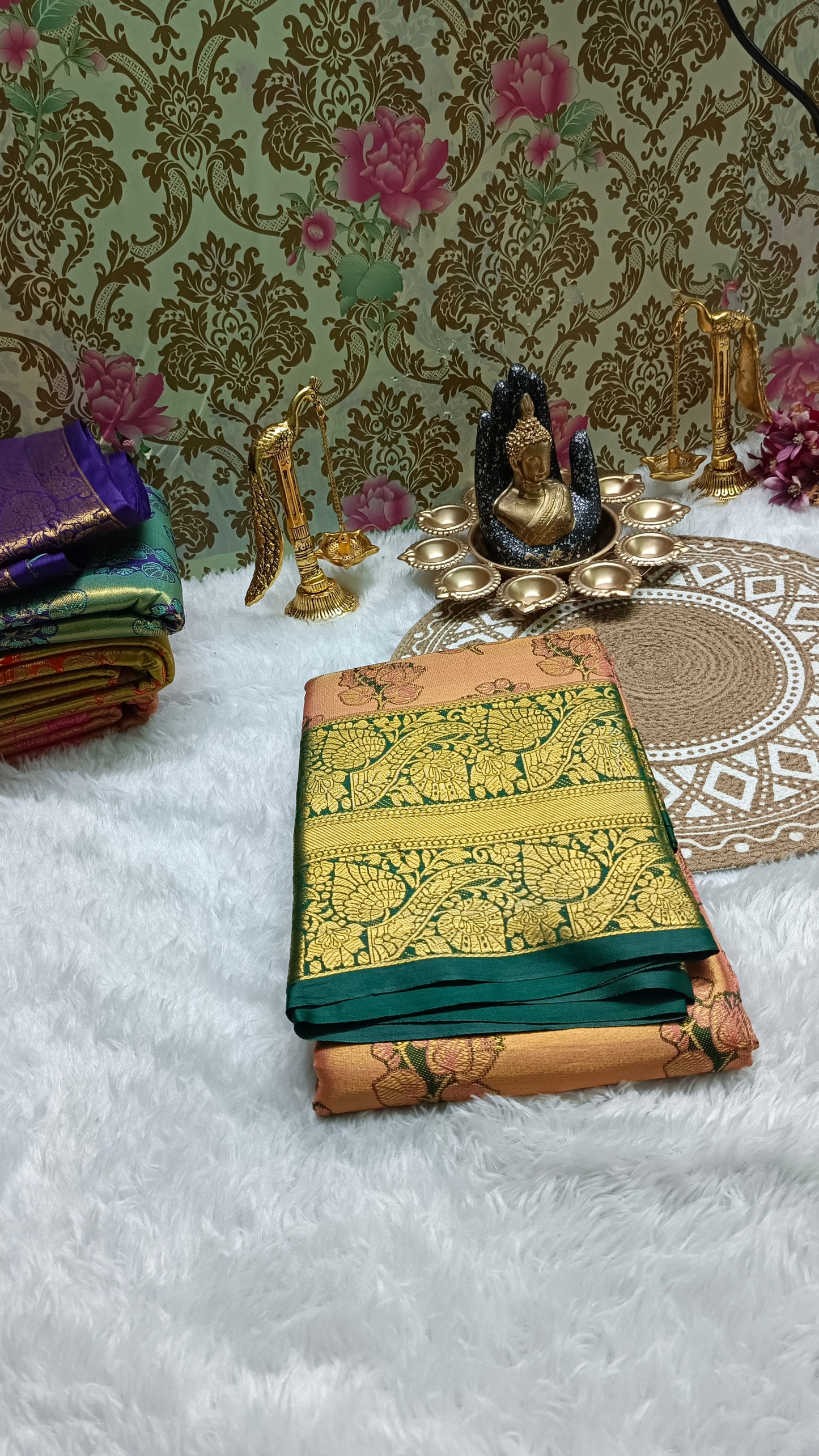 Peach with Green Mangala Pushpam Vegan Kanchi tissue saree JA25295