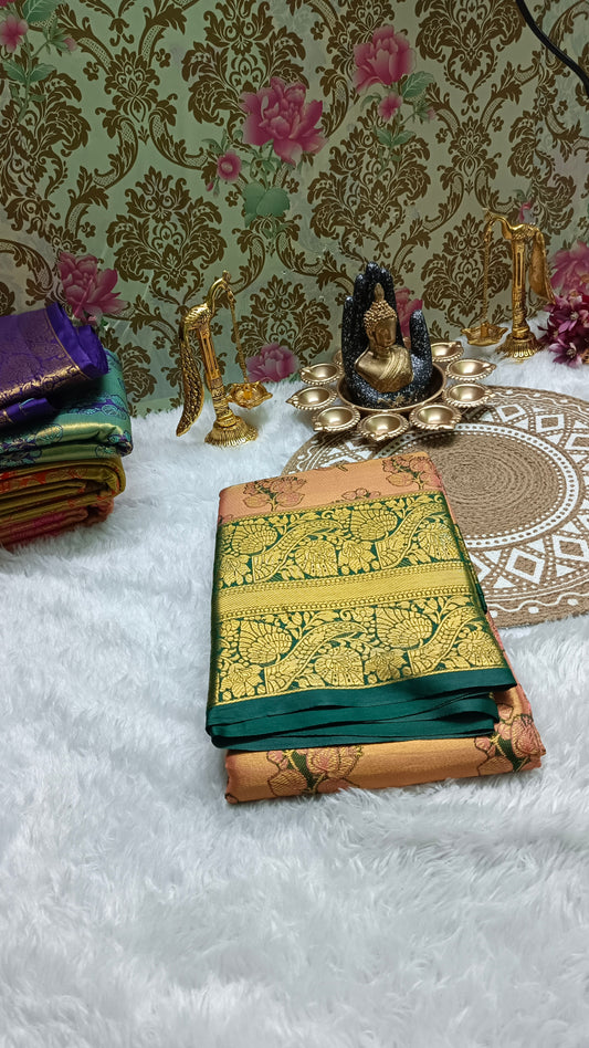 Peach with Green Mangala Pushpam Vegan Kanchi tissue saree JA25295