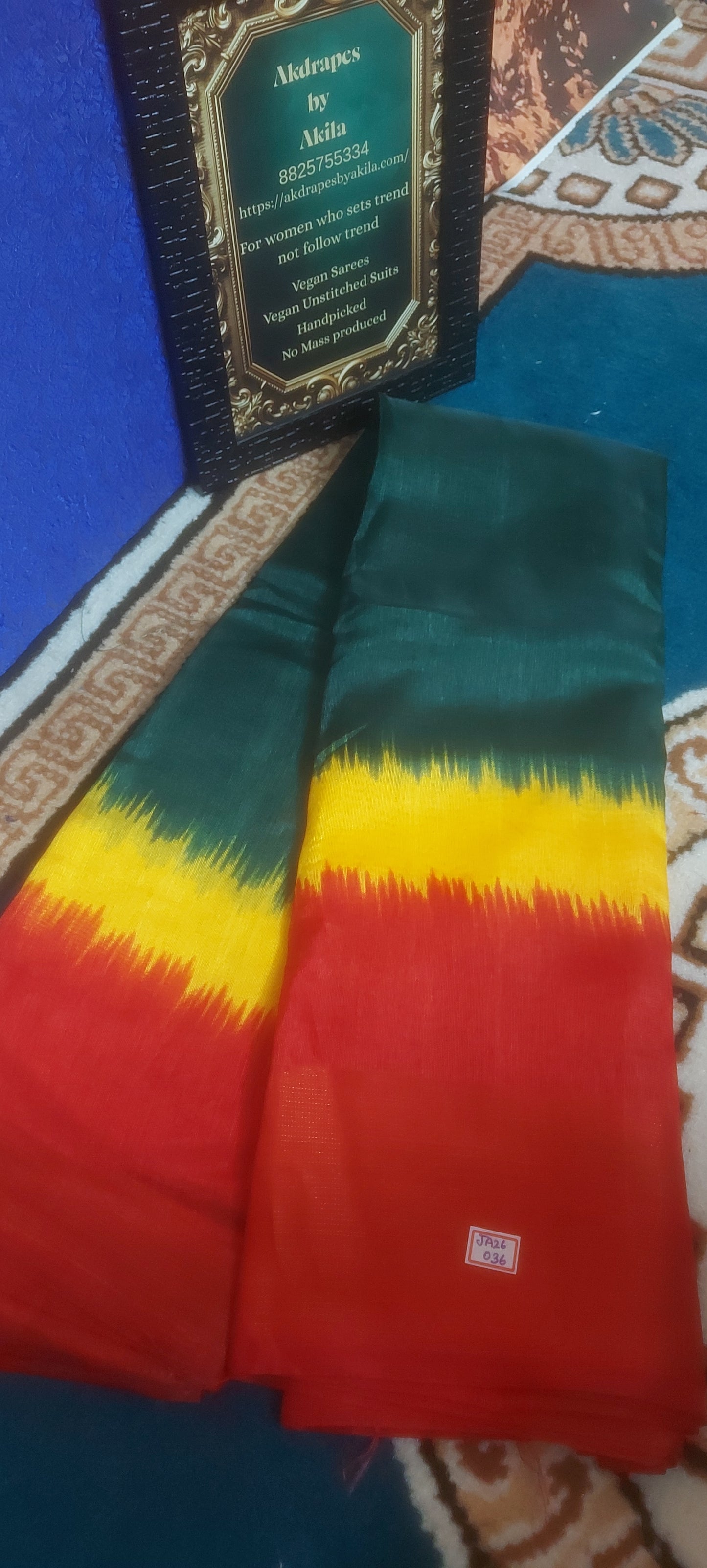 Bottle green Tricolor vegan linen zari border saree JA26036