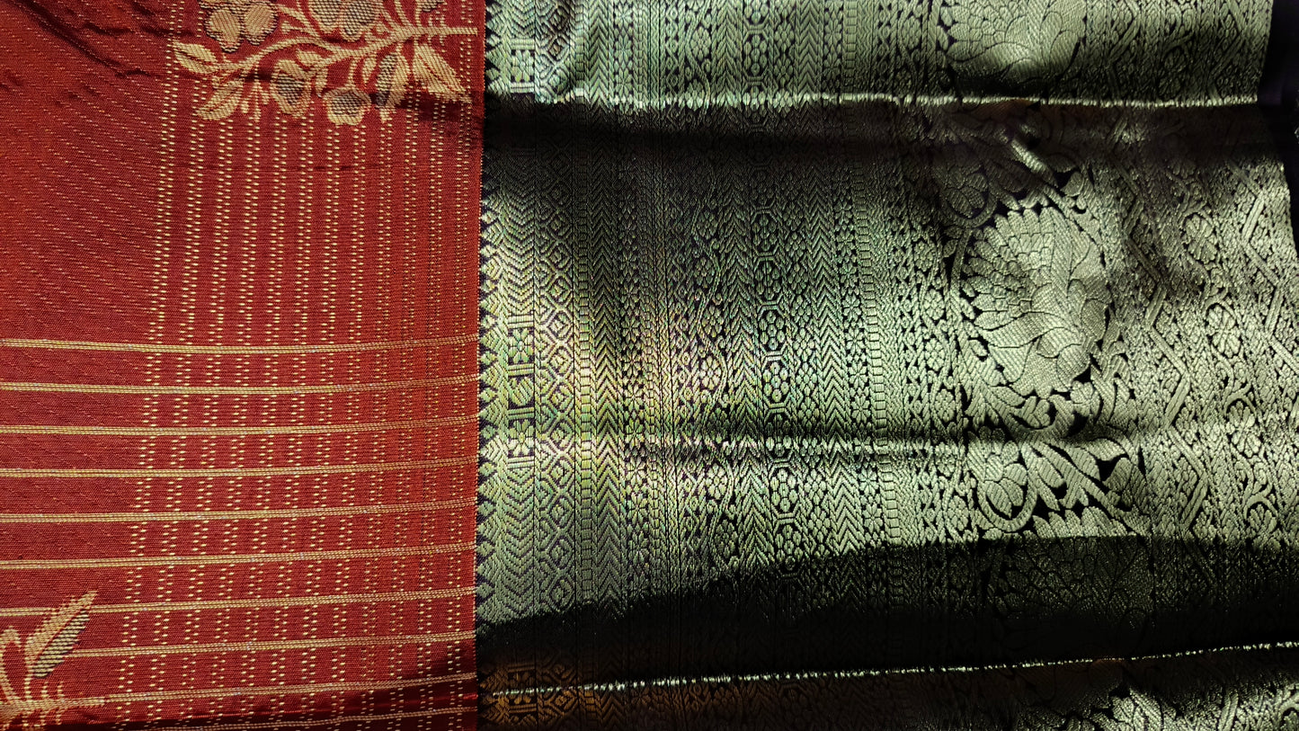 Rust Orange with coffee brown Parijatham Vegan premium kanchi brocade silk saree LA25924