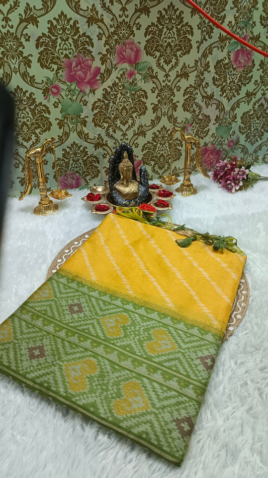 Yellow with Green Leheriya Handweave ikkat Vegan silk cotton saree HA25434