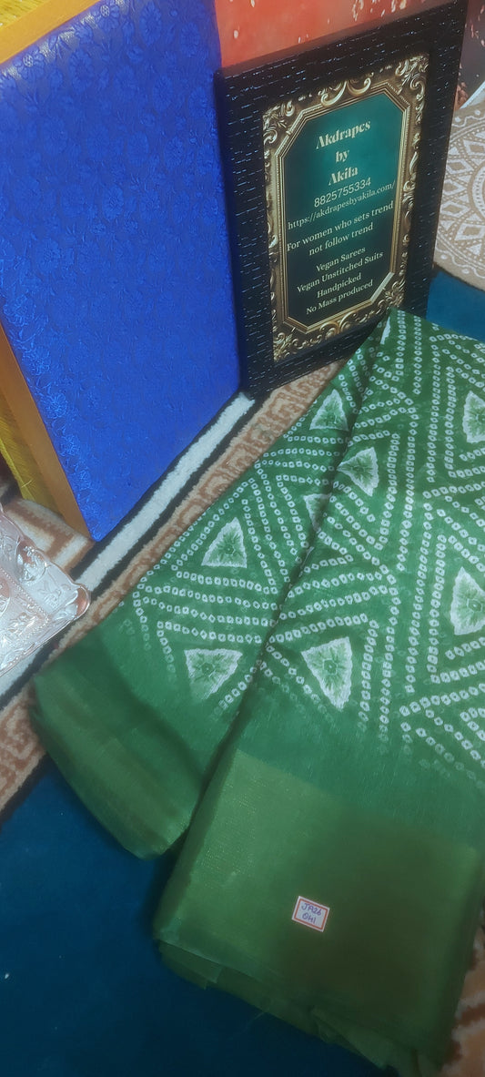 Green bandhini Vegan linen Zari border saree JA26041
