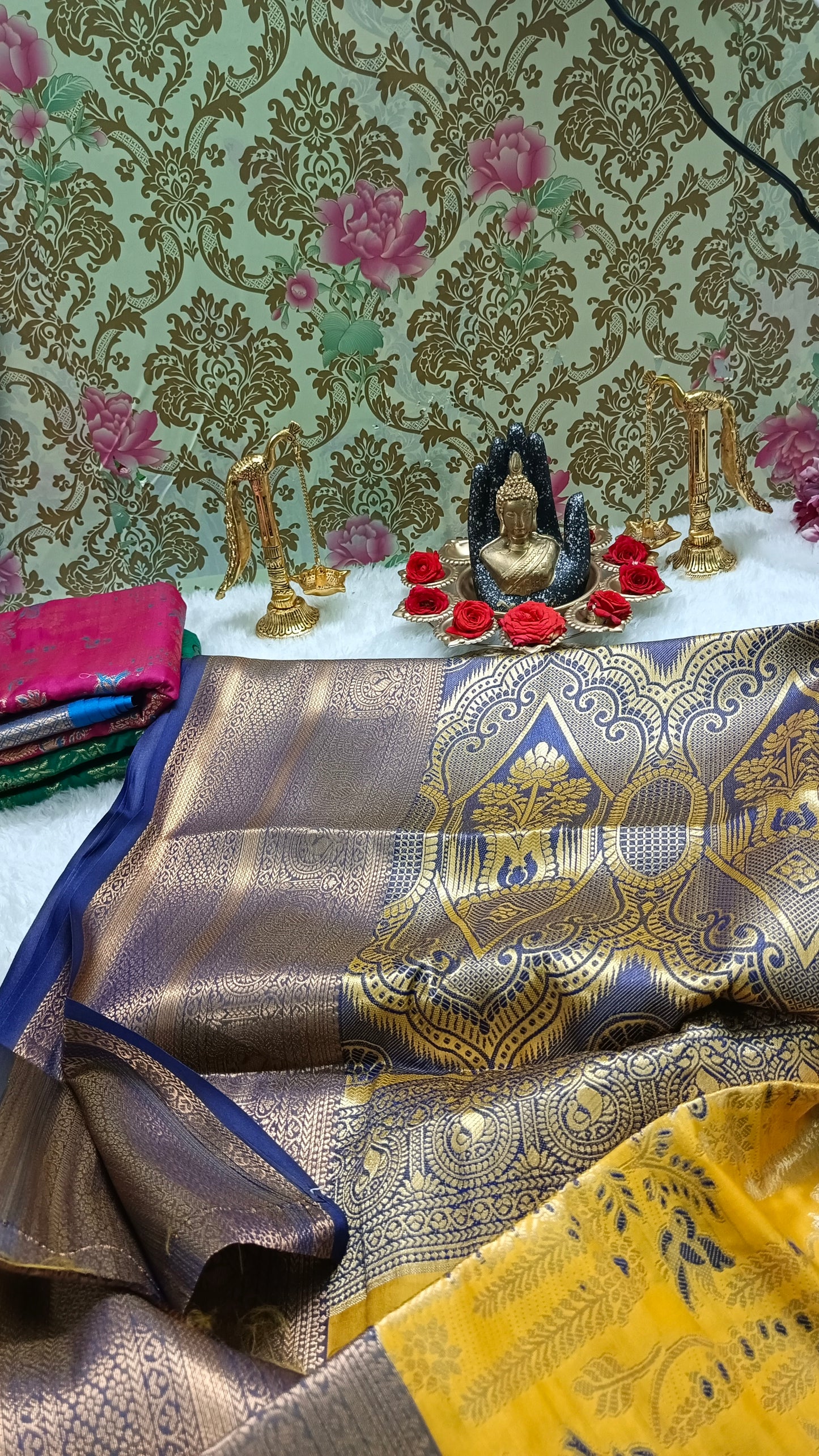 Yellow with blue Raj Nandhini Vegan kanchi silk saree JA25281