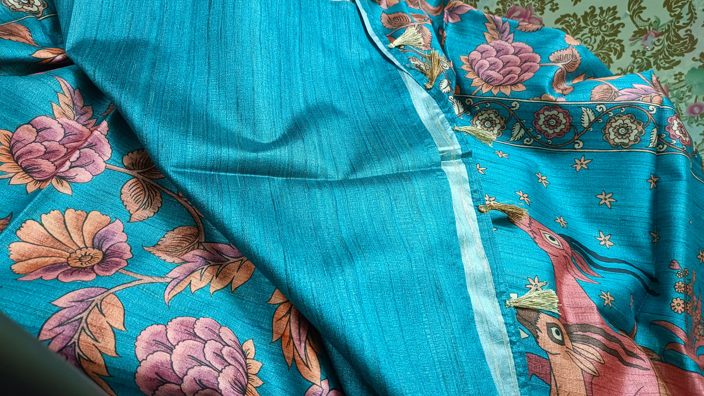 Blue Ritika digital printed kalamkari vegan tussar saree SA25700