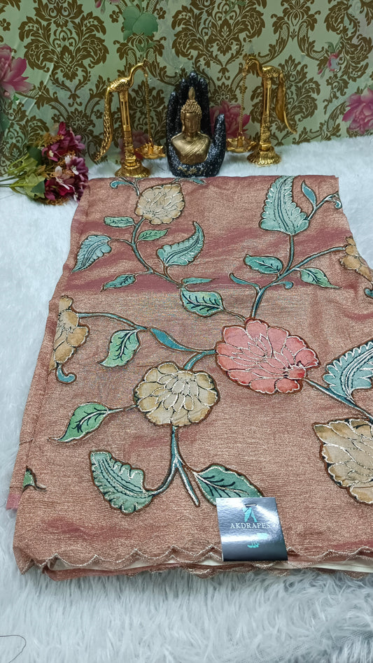 Rose Gold Floral symphony applique vegan tissue saree SA25715