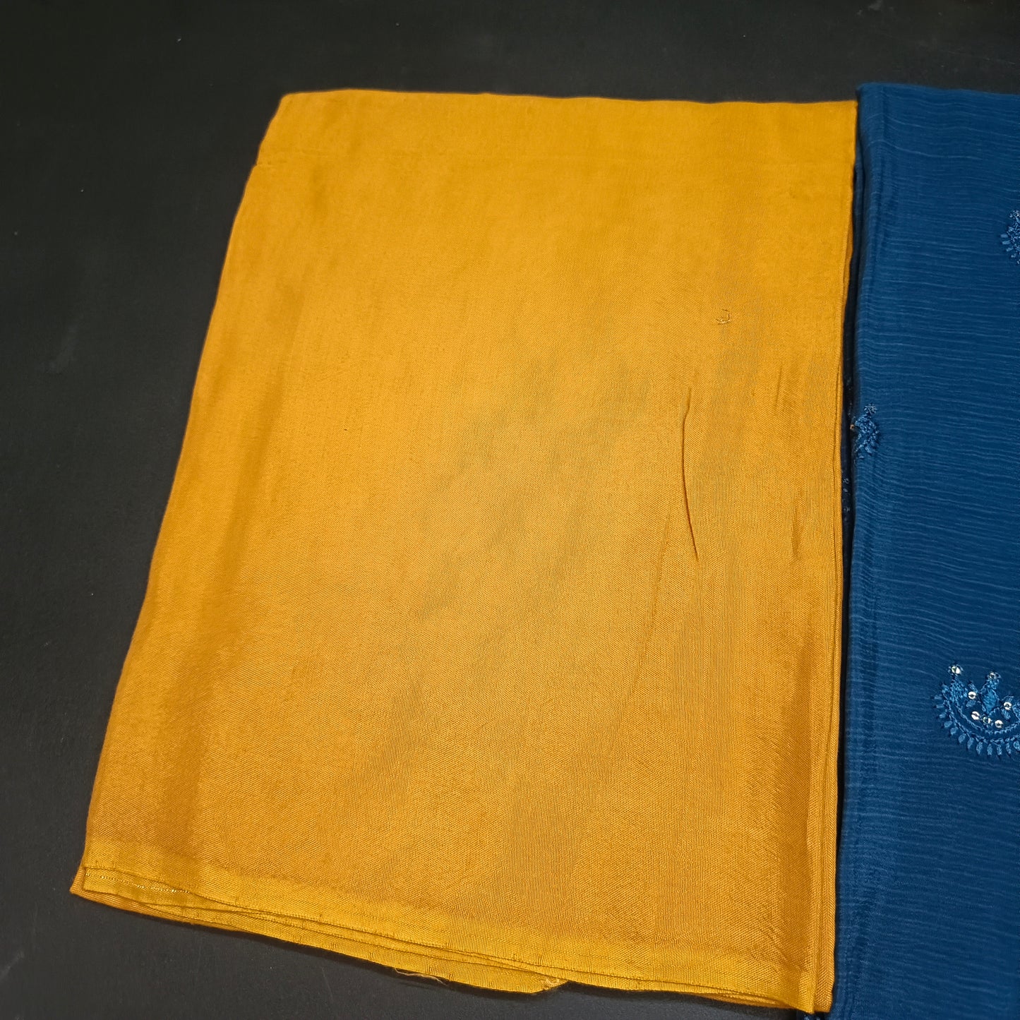 Peacock blue yellow vegan chinnon silk Unstitched suits HA25397