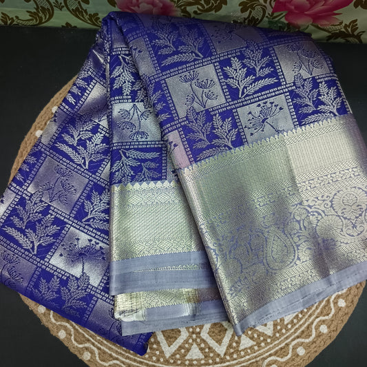 Royal blue Parijatham Vegan premium kanchi brocade silk saree LA25921