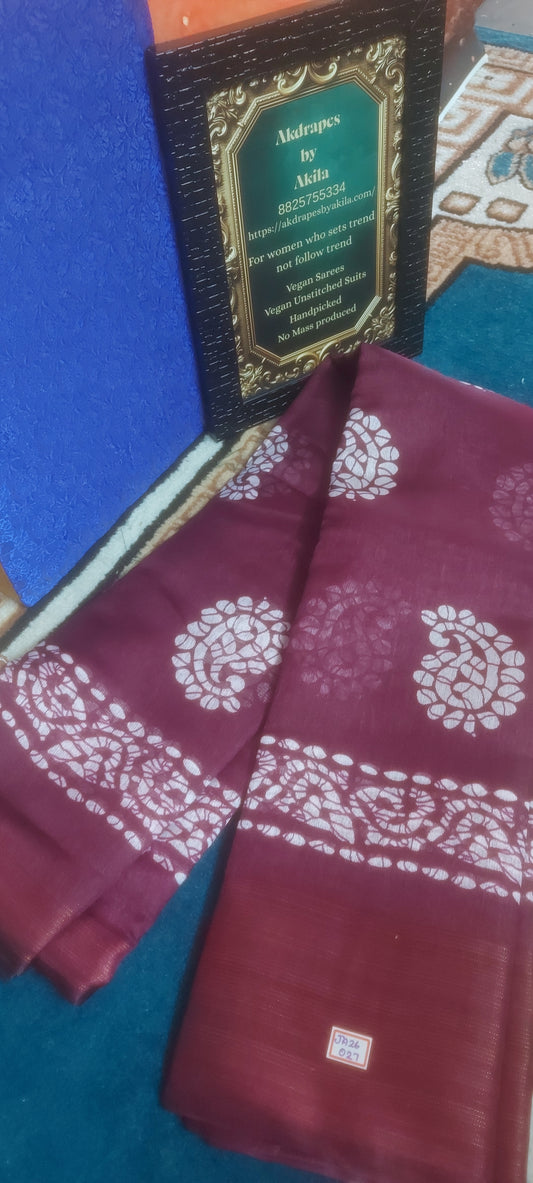 Wine Mango Batik linen zari border saree JA26027