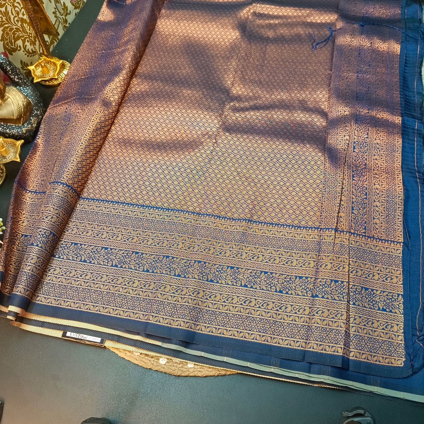 Light grey Navy blue Maragatha Muhurtham Vegan Kanchi Silk Saree MA25115
