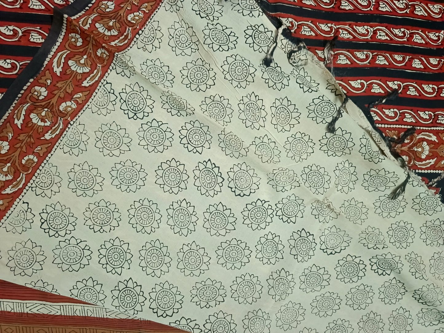 Red Mustard Vegan assam silk cotton bagru printed saree HA25536