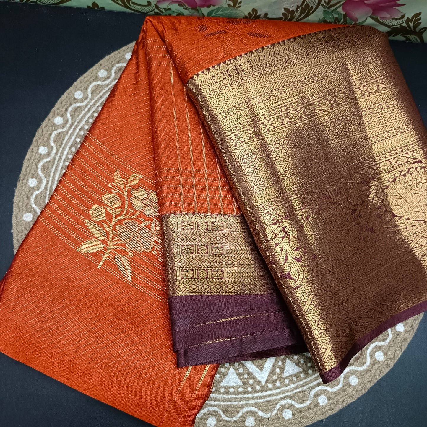 Rust Orange with coffee brown Parijatham Vegan premium kanchi brocade silk saree LA25924