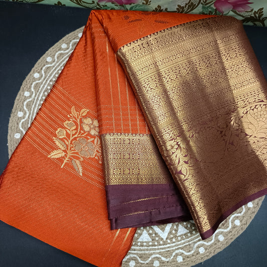 Rust Orange with coffee brown Parijatham Vegan premium kanchi brocade silk saree LA25924
