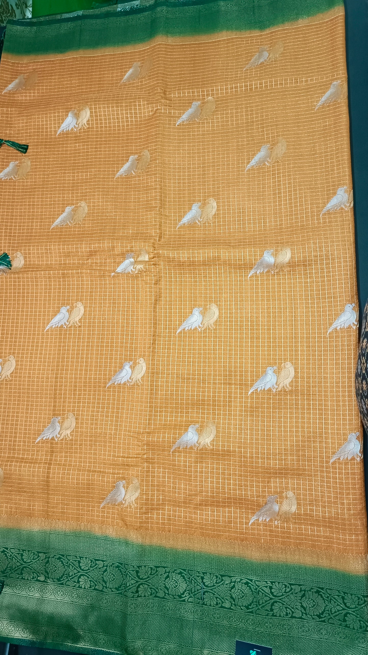 Mustard yellow Green Midhuna Pakshi Premium Vegan Crepe silk Saree MA25210