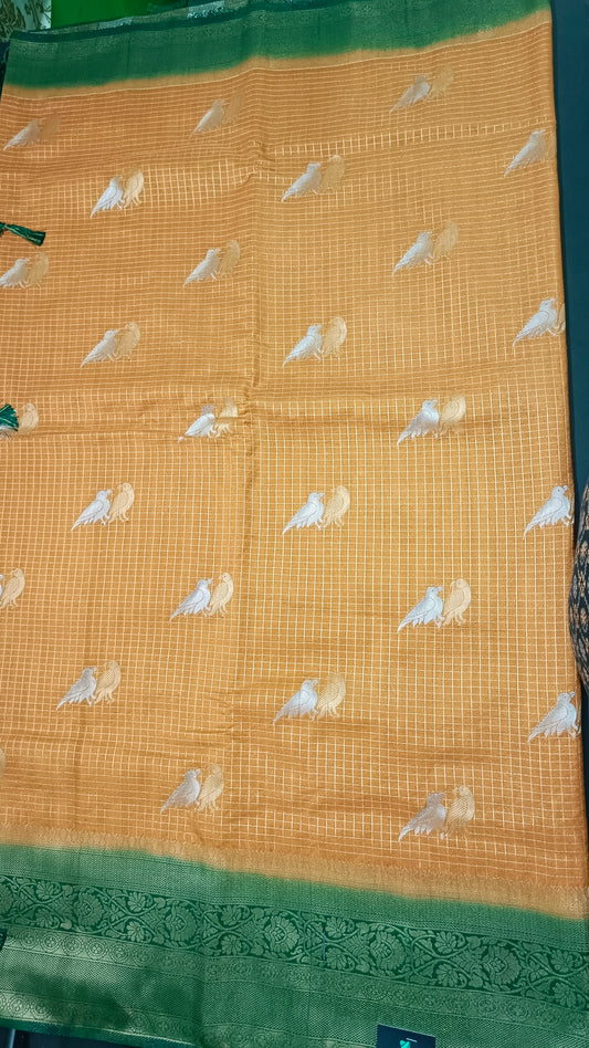 Mustard yellow Green Midhuna Pakshi Premium Vegan Crepe silk Saree MA25210
